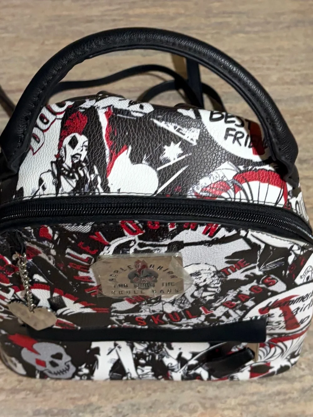NWOT Harley Quinn Skull Print Mini Backpack Purse in Black White Red